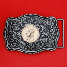 US 2013 Presidential Dollar BU Unc Coin Silver Tone Belt Buckle NEW - Beautiful Western Scroll Design - Theodore Roosevelt (1901-1909 Years Served)