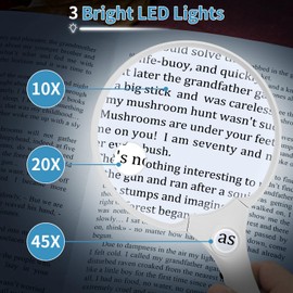 JARLINK Large Magnifying Glass with Light, 10X 20X 45X Illuminated Handheld Magnifier with 3 LED Lights for Seniors Reading, Inspection Coins Jewelry, Exploring, White