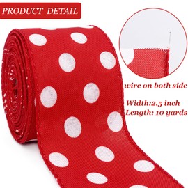 Leecogo Christmas Ribbon Wired,2 1/2”x10 Yard,Red White Polka Dots Ribbon for Gift Wrapping,Wreath,Spring,Summer,Wedding,Baby Shower,Birthday