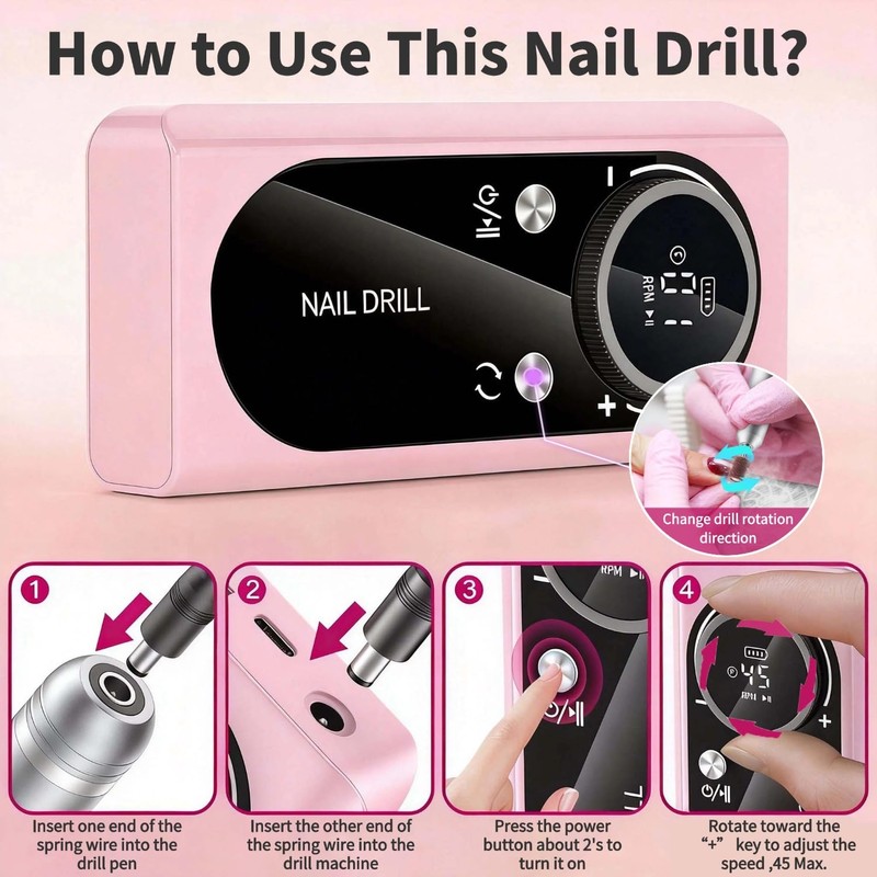 Electric Nail Drill Professional: 45000RPM Rechargeable Nail File with Bits