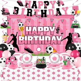 Pink Soccer Decorations for Girls Soccer Happy Birthday Banner Backdrop Balloons Football Plates Napkins Tablecloth Honeycomb Centerpieces Hanging Swirls Decor for Women Sports Party Supplies Serves10
