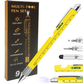 9 in 1 Multitool Pen, Stocking Stuffers Gifts Unique Christmas Birthday Multi Tool Pen for Men Dad Husband Who Have Everything, Cool Gadgets Pocket Multi Tool (Yellow)