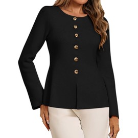 Cicy Bell Womens Button Up Cardigan Sweaters Lightweight Long Sleeve Knit Tops Business Casual Round Neck Fitted Jacket Black