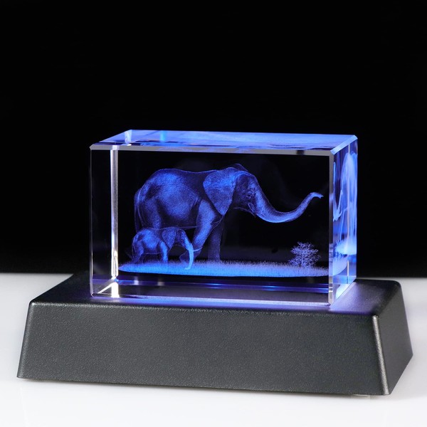3D Crystal Gift Engraved Elephants Mother and Baby Glass Paperweight with LED Stand Birthday Gifts for Mum Daught Son Family Ornaments