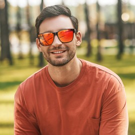 URUMQI Polarised Sunglasses Men Women UV400 Protection Oversized Square Sunglasses for Glasses Wearers Fit Over Glasses Driving Fishing, A06 Matte Black Frame/Red Mirrored Lens