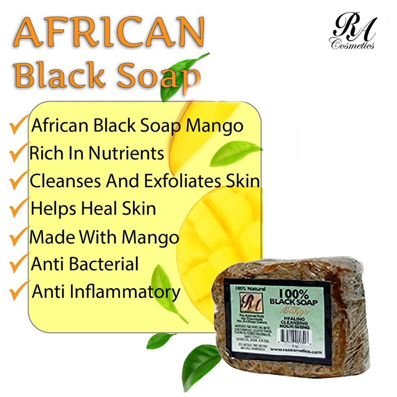 RA Cosmetics 100% Natural African Black Soap, Mango Scent, 5