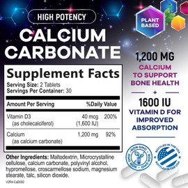 Calcium 1200 mg with Vitamin D3 - Bone Health Supplement, Vitamin D & Calcium Supplements for Women & Men - Bone Strength, Teeth & Immune Support, Nature's Calcium Pills, Bottled in USA - 60 Tablets