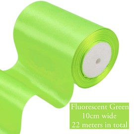 4 Inch Wide Fluorescent Green Ribbon 22m,10cm Fluorescent Green Satin Ribbon Fabric Large Solid Satin Ribbon,Polyester Ribbon for Gift Wapping,Door,Chair,Window,Wedding Car,Christmas Tree Decoration