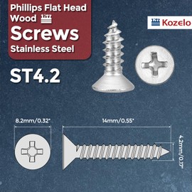 Kozelo 100pcs Phillips Flat Head Wood Screws - [ST4.2x14mm] 304 Stainless Steel Countersunk Self Tapping Screws for Furniture Assembly, Interior Trim, Outdoor Construction, Silver