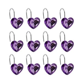 Chinflly 12 PCS Shower Curtain Hooks,Purple Heart Shape Acrylic Crystal Diamonds Decorative Shower Curtain Hooks Rust Proof Stainless Steel Shower Rod Hangers Shower Rings for Bathroom