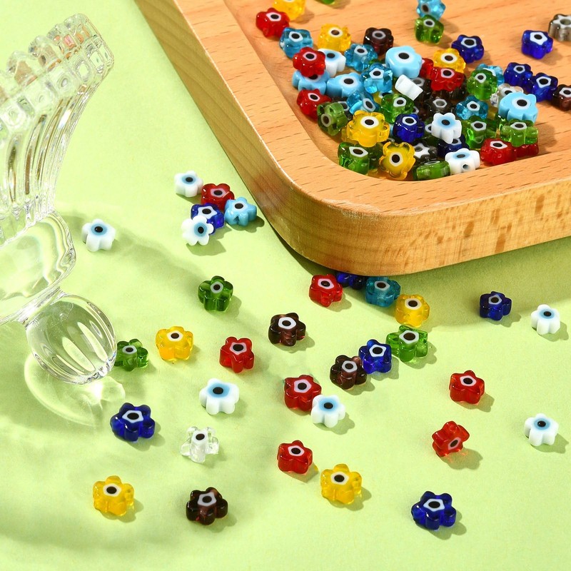 Stiesy 128Pcs Flower Beads Millefiori Lampwork Glass Bead Evil Eye