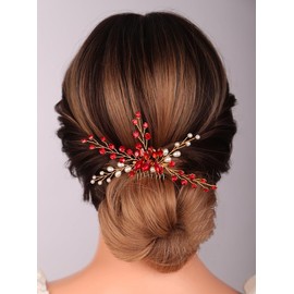 Teyglen Red Crystal Bridal Hair Comb Rhinestone Wedding Hair Comb with Pearl Bride Hair Accessories Bridal Side Comb Crystal Hair Piece for Women Girls (Red)