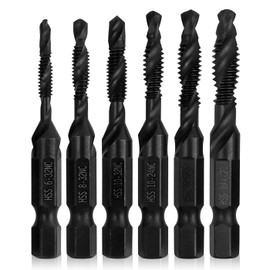 Mesee 6 Pieces Combination Drill Tap Bit Set, Nitriding Coating HSS Taps Drill Bits 1/4-Inch Hex Shank Spiral Screw Thread Tapping Bits in SAE Size 6-32NC 8-32NC 10-24NC 10-32NC 12-24NC 1/4-20NC
