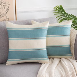 DakTou Cushion Cover Set of 2 40 x 40 cm Farmhouse Decorative Cushion Linen Sofa Cushion Stripes Cushion Covers Decorative Modern Turquoise Cushion for Sofa Chair Bedroom Office Car