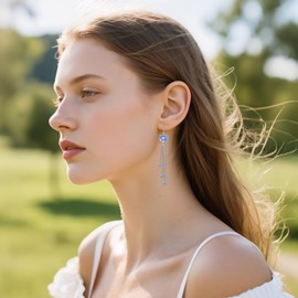 Blue Flower Threader Earrings Sterling Silver Long Tassel Drop Dangle Earrings Jewelry Gift for Women
