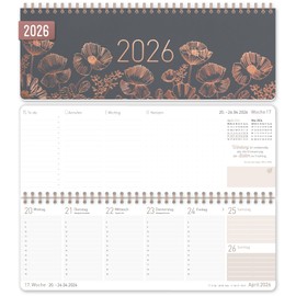 Häfft® Weekly Desk Calendar 2026 Landscape "Poppy" 1 Week 2 Pages, Desk Calendar with Sayings, Weekly Calendar 29.7 x 11.6 cm - Sustainable and Climate Friendly