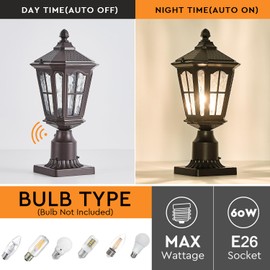 Dusk to Dawn Post Light Brown, Lamp Post Light with Pier Mount Base, Aluminum Exterior Pillar Light Fixture with Water Ripple Glass, Oil Rubbed Bronze Pole Light for Garden, Patio, Pathway