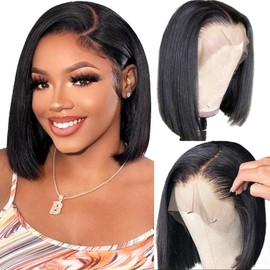 Smabuity Bob Wigs Human Hair 13x4 HD Lace Front Bob Wig Human Hair Short Straight Frontal Glueless Bob Wigs for Black Women Human Hair Pre Plucked with Baby Hair Side Part 180% Density 12 Inch E