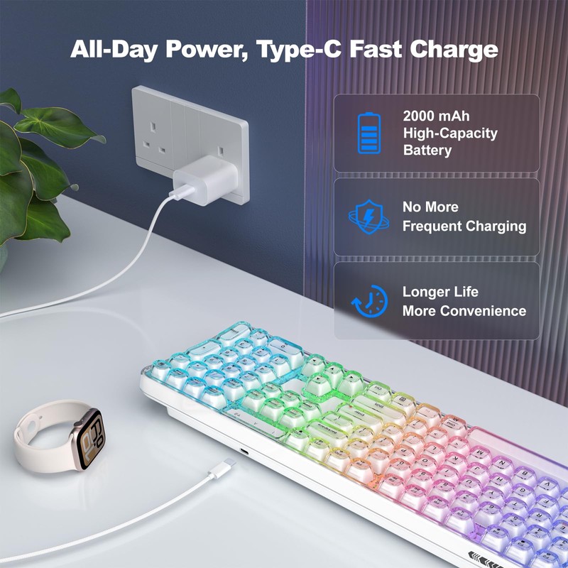 GEEZER Computer Backlit Keyboard White Crystal - Full-Size Bluetooth Wireless