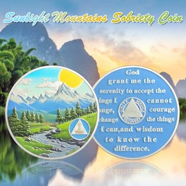 IELCJJ 1 Year Sobriety Coin, Delicate Sunlight Mountains Sobriety Chip Rivers Green Tree AA Coin and Medallions Na Sober Token Narcotics Alcoholics Anonymous Recovery Gifts for Men Women