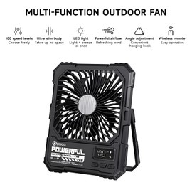 QUMOX Ventilatore da Campeggio Ricaricabile 20000mAh con Luce LED, Telecomando, 100 Livelli di Velocità, Timer 2/4/6H, Gancio e Supporto, Ventilatore Portatile per Tenda, Viaggio, Casa (Nero)