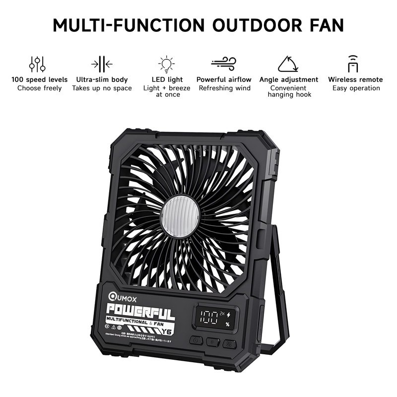 QUMOX Ventilatore da Campeggio Ricaricabile 20000mAh con Luce LED, Telecomando,