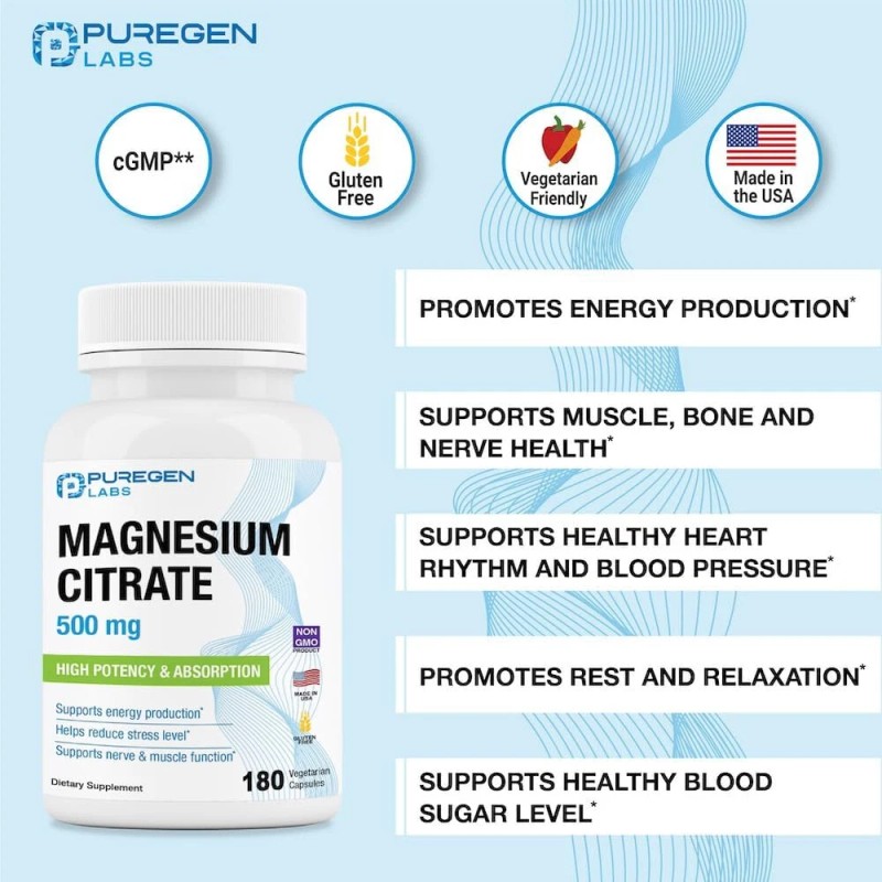PUREGEN LABS MAGNESIUM CITRATE 500 MG/ 180 VEGETARIAN CAPSULES