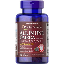 Puritan's Pride All In One Omega 3, 5, 6, 7 & 9 with Vitamin D3 - 60 Softgels