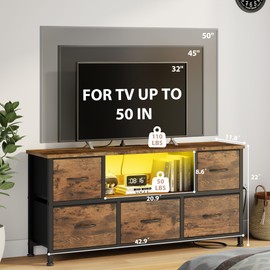 Lulive TV Stand for Bedroom, LED Rustic Brown Dresser for Living Room with 5 Fabric Drawers, 43 50in TV Stand with Power Outlet, Entertainment Center with Open Shelf