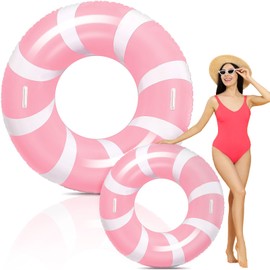 WinnerWhy 1 Pcs Jumbo Pink Swim Ring with Handles 47.24 Inches Inflatable Pool Float Tube Classic Striped Inflatable Swimming Pool Ring for Adults Summer Pool Lounger Rafts Beach Party Supplies