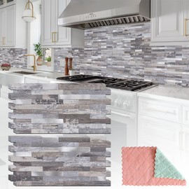 StyloVue 20 Sheets Peel and Stick Backsplash, Distressed Wood with Metal Silver Self Adhesive Wall Tiles Upgrade Your Kitchen Backsplash, RV, Fireplace