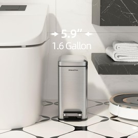 SolaceCove Small Bathroom Trash Can with Soft-Close Lid，6L/1.6 Gal Stainless Steel Slim Step Garbage Can with Removable Inner Bucket for Bedroom、Bathroom