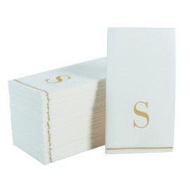 Luxe Party 112 Pack Monogram Napkins | Letter S Initial | Disposable | Premium Airlaid | Linen Feel | Decorative Table Setting | Guest Towel Napkin | White and Gold