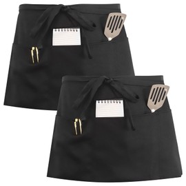 Yoosso Pack of 2 Cooking Aprons, 30 x 60 cm, Waterproof Waiter's Apron with 3 Pockets, Kitchen Apron, Women's Apron Black Oil Resistant for Restaurant, Bar, Cafe, black