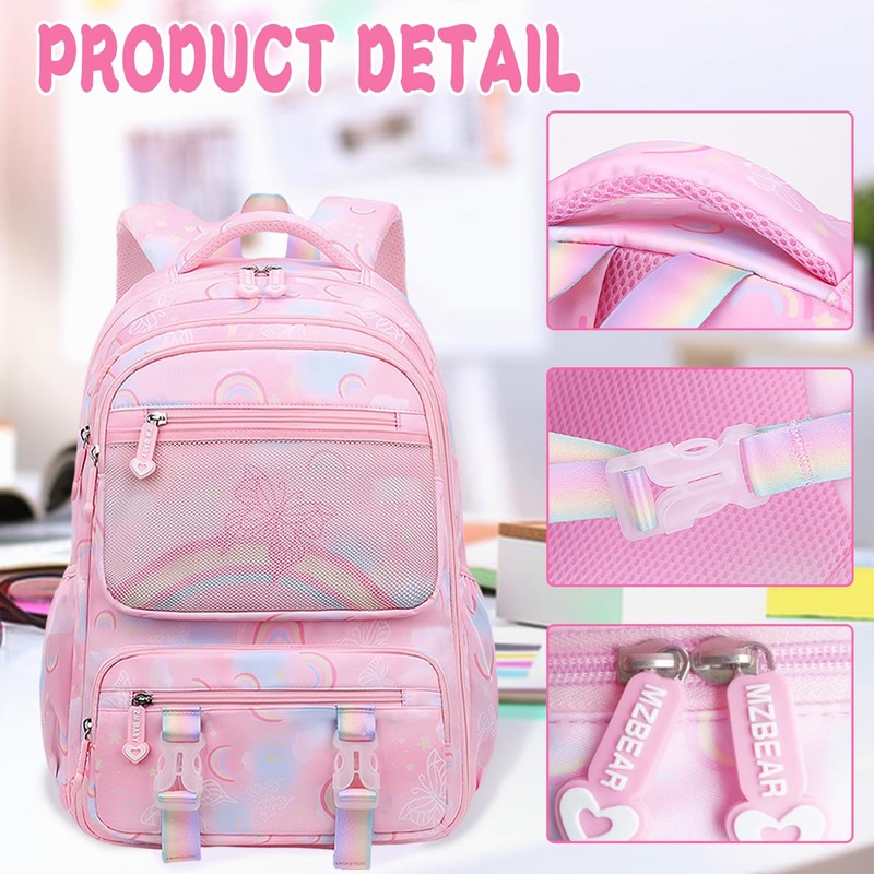 Moerstar School Bag for Girls, Large Capacity Rainbow Patterned Backpack,