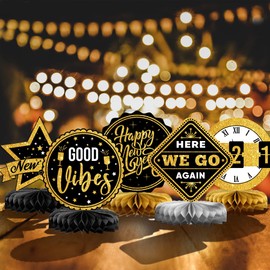 Pack of 9 New Year Honeycomb Decoration, New Year Table Decoration 2025, Black Honeycomb Decoration Table Toppers, 3D Happy New Year Theme Table Decoration, New Year's Eve Party Decoration 2025