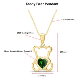 AFFY Heart Shape Simulated Emerald 14K Yellow Gold Over Sterling Silver Cute Teddy Bear Love Heart Pendant Necklace