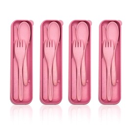 EcoGreen® - 4 Sets de Cubiertos fabricados de paja de trigo, incluye: Cuchara, tenedor y cuchillo, cubiertos de viaje u oficina, 100% biodegradables y