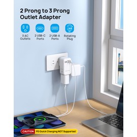 TROND 3 Prong to 2 Prong Adapter with 360° Rotating Plug, 2 Prong Outlet Extender with 3 AC Outlets and 4 USB Ports(2 USB C), US to Japan Plug Adapter, Wall Outlet Adapter for Travel, Home, Cruise