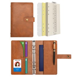 Wonderpool A6 Leather Notebook Refillable 6 Ring Binder Diary Portfolio – Polka Dot Paper & Inner Pockets Organiser for Men and Women (Brown, A6)