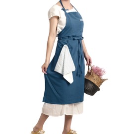 Pincy Soft Cotton Linen Apron - Retro Linen Art Apron, Adjustable Casual Apron with Towel, Ideal for Florist, Coffee House and Kitchen, blue ashes