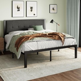 IMUsee Heavy Duty Queen Size Platform Bed Frame with Upholstered Button Tufted Headboard, 17 Strong Metal Slats Support, 11” Storage Space, Easy Assembly, Noise Free, No Box Spring Needed, Dark Grey