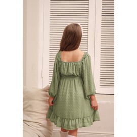 GRACE KARIN Girl Cute Fall Dresses Long Sleeve Ruffle Dress A Line Swing Flowy Solid Sage Green 7Y