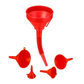 Relaxdays Funnel Set, 5 Sizes, Universal Funnel with Hose and Strainer, Car Oil Funnel and Kitchen Funnel, Red