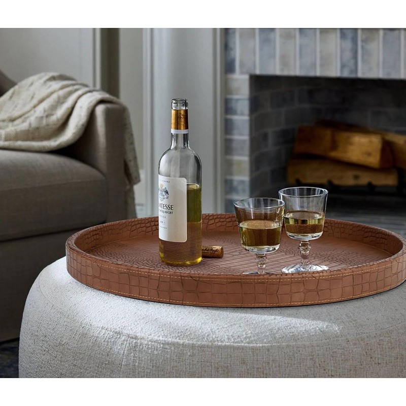 HofferRuffer Round Serving Tray 20'', Elegant Faux Leather Circle Ottoman