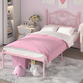 Weehom Twin Bed Frames with Headboard, Heavy Duty Metal Platform Under Bed Storage Space Easy Assembly for Kids Girls Adults, Pink