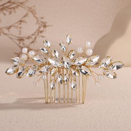 Lenjicons Wedding Rhinestone Pearls Hair Comb Teardrop Rhinestone Bridal Hair Comb Handmade Pearls Crystal Hairpiece Bridal Hair Accessories for Women (gold)