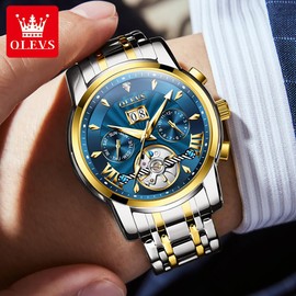 OLEVS Watches for Men Automatic Mechanical Luxury Silver and Gold Men's Wrist Watches Stainless Steel Waterproof Luminous Date Week Blue Dial