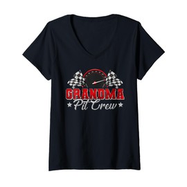 Womens Pit Crew Race Car Racing Grandma Family Birthday Party Gift V-Neck T-Shirt