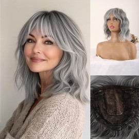CINHOO 14" Clip In 360° 3D Short Curly Wavy Hair Topper for Women with Thinning Hair, Synthetic 14" Platinum hair topper with Bangs (M60#) (1B/gray#)
